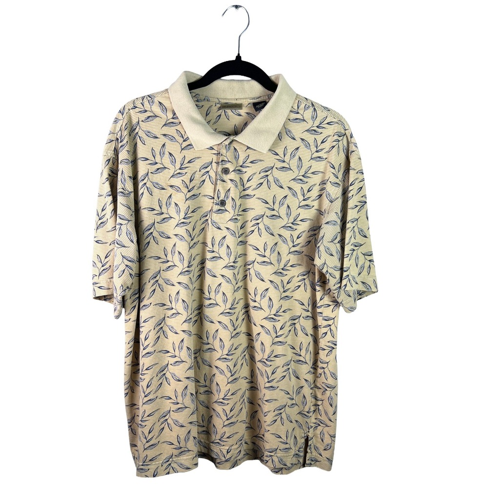 Y2K AXIST Leaf Print Polo Shirt Men's Large Tan Old Money Resort